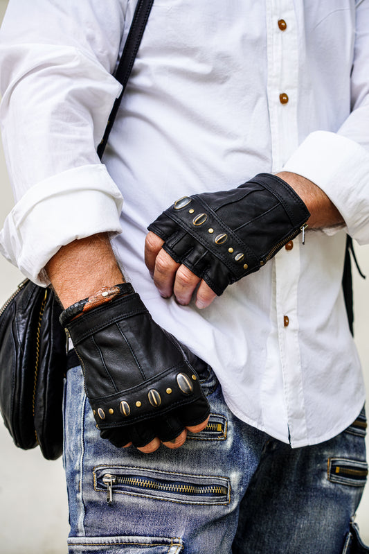 Knuckleduster fingerless leather gloves